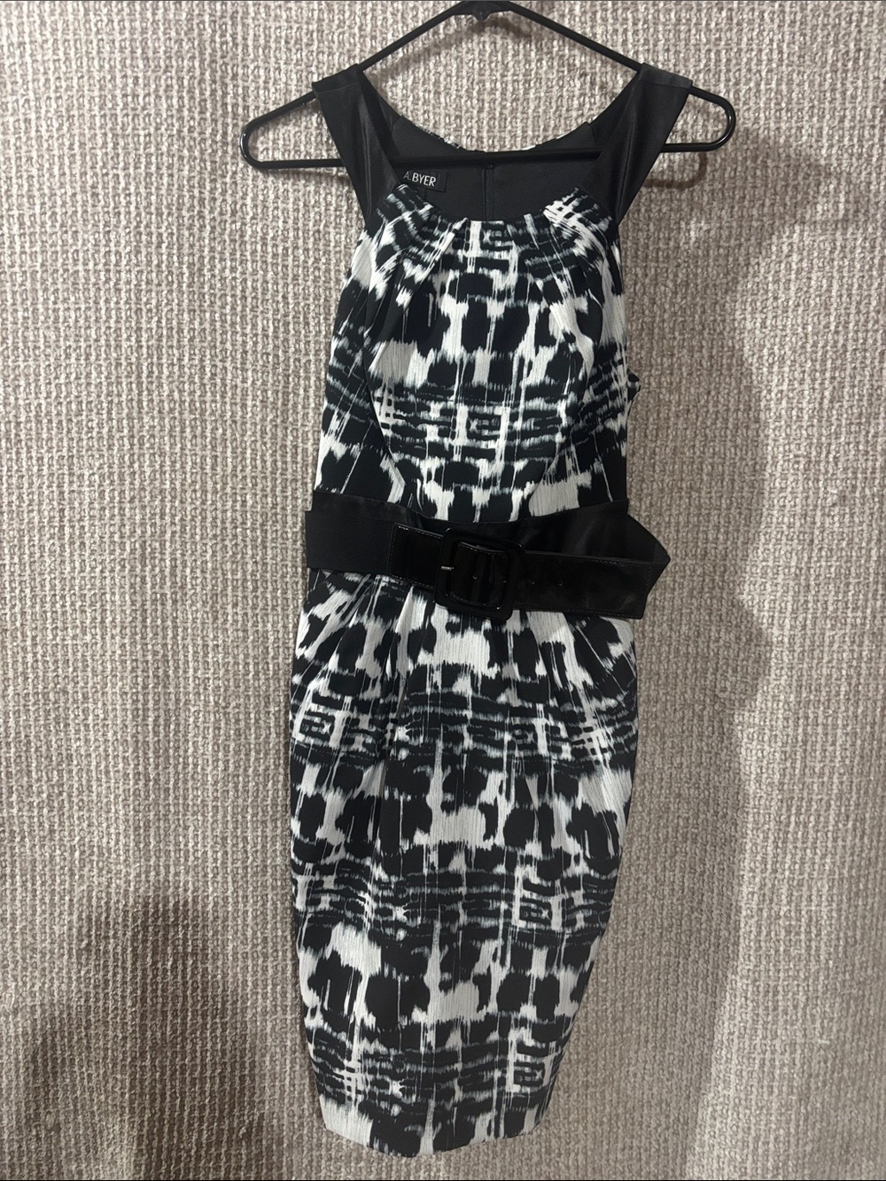A. Byer Black and White Printed Midi Sheath Dress with Belt